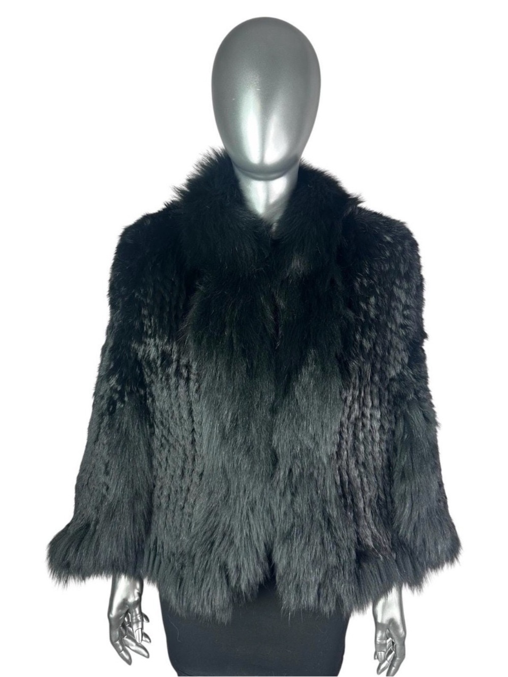 Black Knitted REX RABBIT Cape w/Black  FOX Trim, Size S/M, Certified Vintage Fur